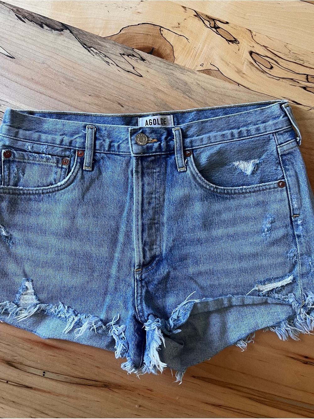 Agolde Light Blue Distressed Denim Cutoff Shorts